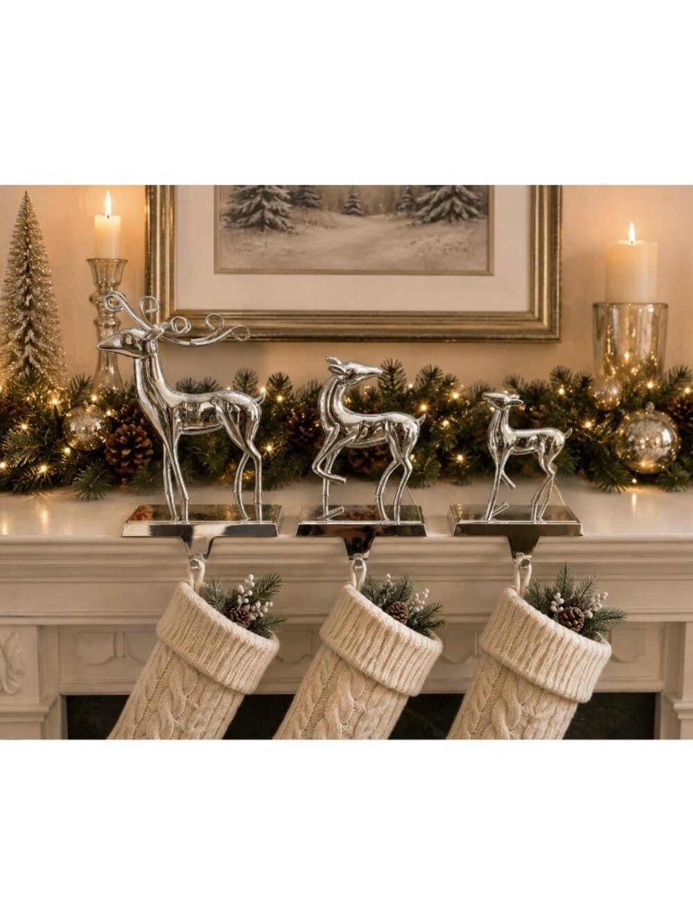 Silver Reindeer Stocking Holders Set of 3 Deer Family Heavy Metal Christmas